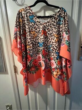 Coral Floral & Leopard Print Flowing Tunic Top